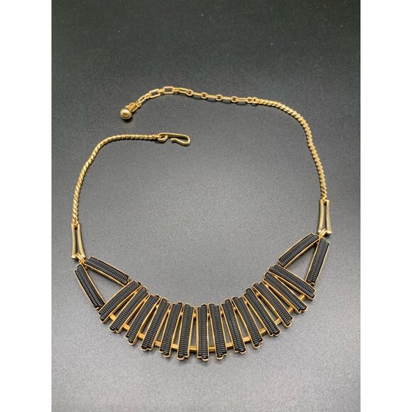 Vintage Retro Black and Gold Choker Collar Necklace Unusual Statement Jewelry - Picture 3 of 7